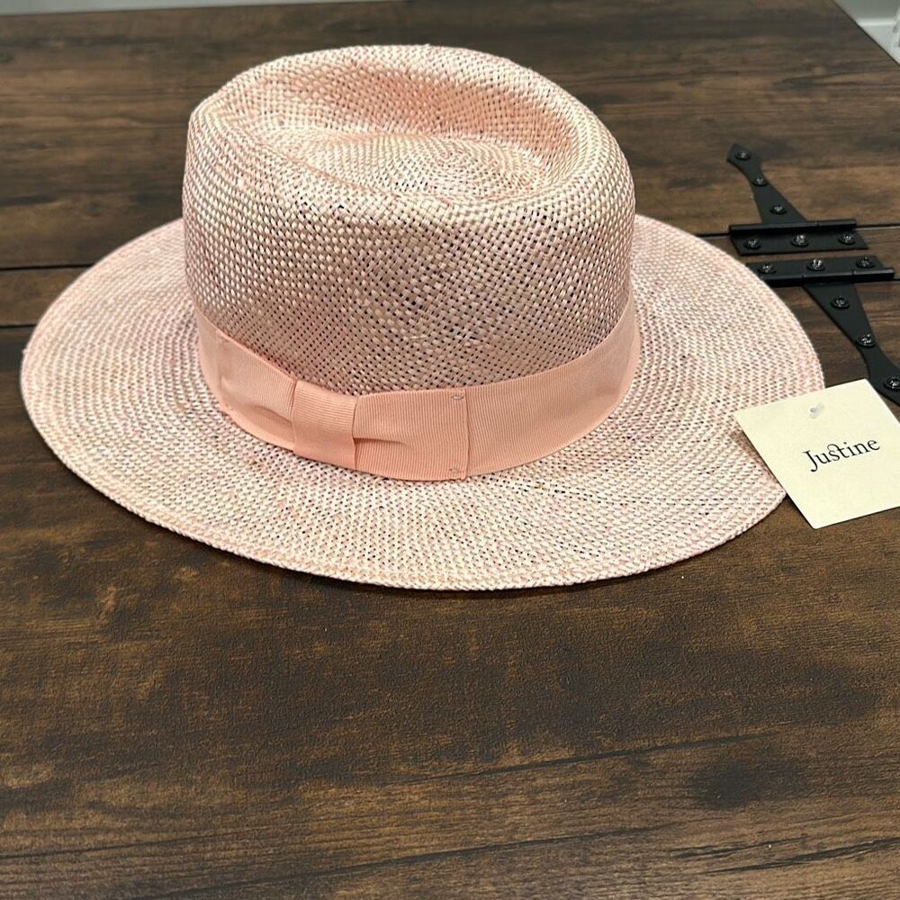 NWT Justine Women's Remi Straw Grossgrain Band Summer Fedora Hat Pink‎ S/M